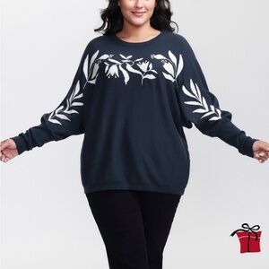 BloomChic Navy Crewneck Sweater with White Floral Jacquard